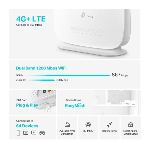 TP-LINK ARCHER MR505 4G+ CAT6 AC1200 WIRELESS DUAL BAND GIGABIT ROUTER