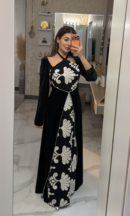 Black velvet  Sexy embroidered halter neck dress جلابية جذابة