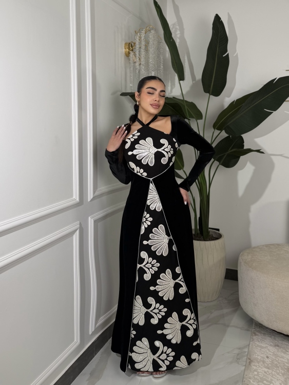 Black velvet  Sexy embroidered halter neck dress جلابية جذابة