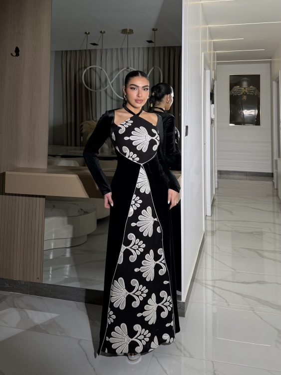 Black velvet  Sexy embroidered halter neck dress جلابية جذابة