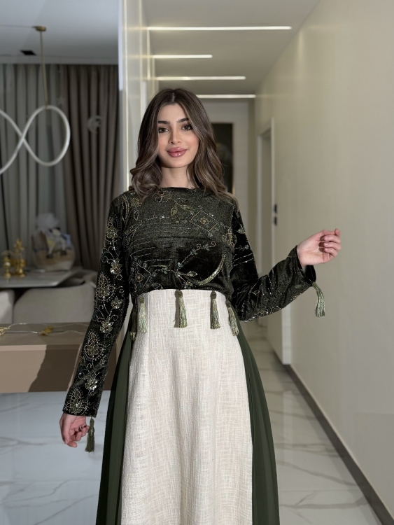 Heavy linen dress paired with a shirred velvet top جلابية وفستان الاميرة  (زيتي)