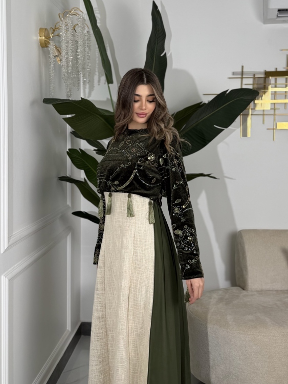 Heavy linen dress paired with a shirred velvet top جلابية وفستان الاميرة  (زيتي)