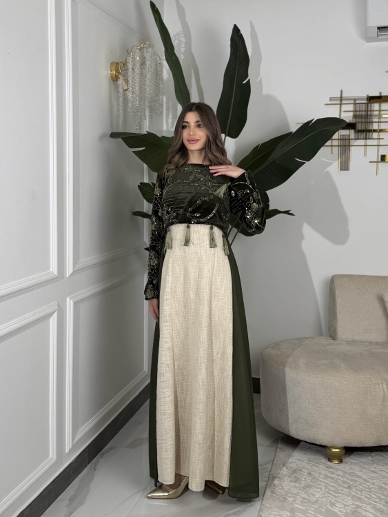 Heavy linen dress paired with a shirred velvet top جلابية وفستان الاميرة  (زيتي)