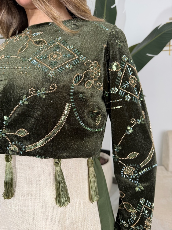 Heavy linen dress paired with a shirred velvet top جلابية وفستان الاميرة  (زيتي)