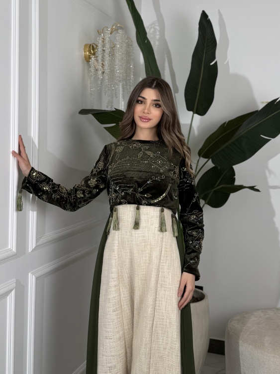 Heavy linen dress paired with a shirred velvet top جلابية وفستان الاميرة  (زيتي)
