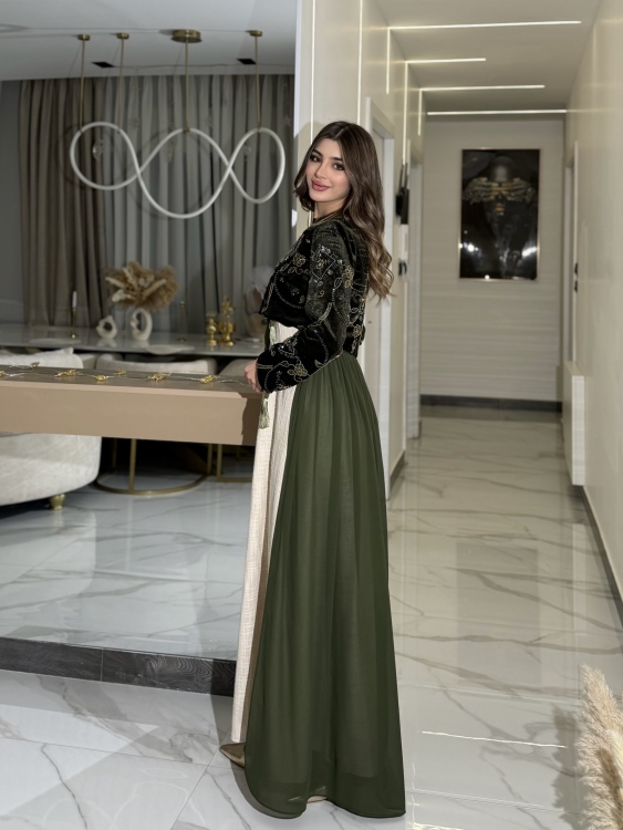 Heavy linen dress paired with a shirred velvet top جلابية وفستان الاميرة  (زيتي)