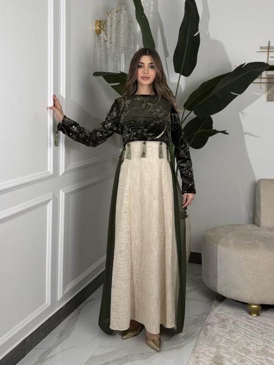 Heavy linen dress paired with a shirred velvet top جلابية وفستان الاميرة  (زيتي)