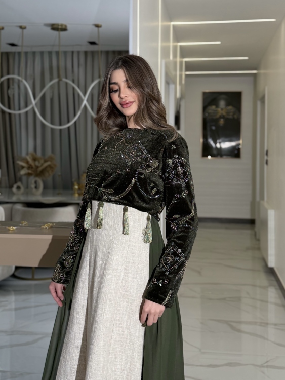 Heavy linen dress paired with a shirred velvet top جلابية وفستان الاميرة  (زيتي)