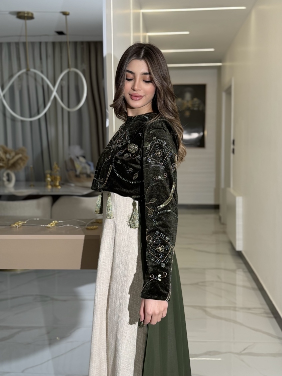 Heavy linen dress paired with a shirred velvet top جلابية وفستان الاميرة  (زيتي)