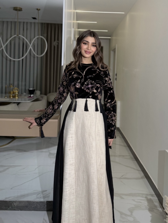Heavy linen dress paired with a shirred velvet top جلابية وفستان الاميرة  (