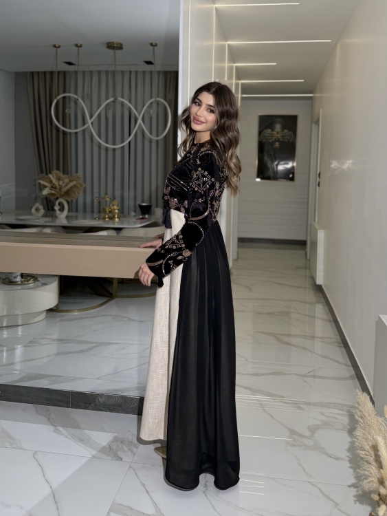 Heavy linen dress paired with a shirred velvet top جلابية وفستان الاميرة  (