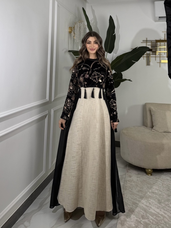 Heavy linen dress paired with a shirred velvet top جلابية وفستان الاميرة  (