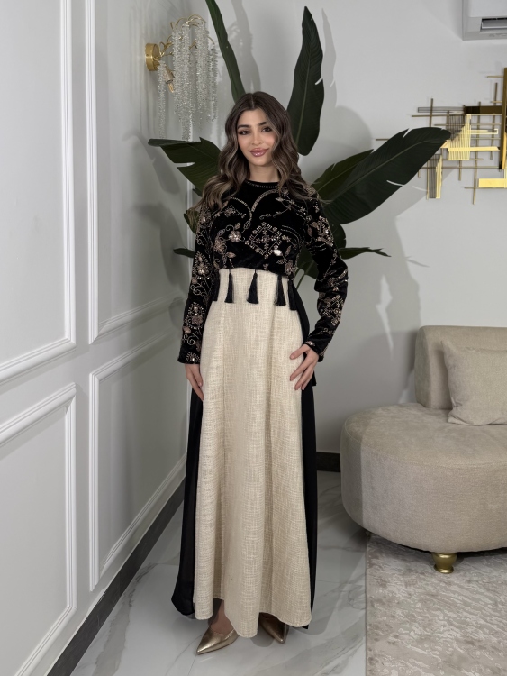 Heavy linen dress paired with a shirred velvet top جلابية وفستان الاميرة  (