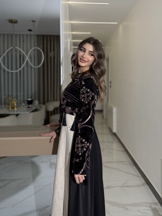 Heavy linen dress paired with a shirred velvet top جلابية وفستان الاميرة  (