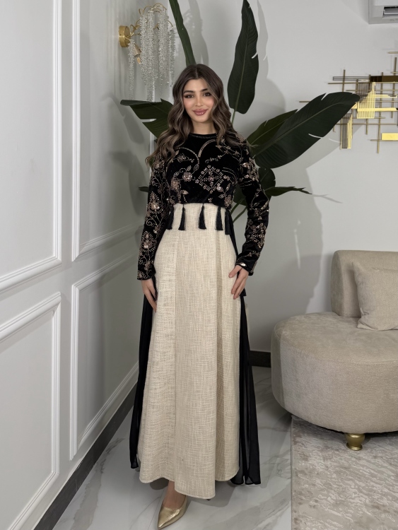 Heavy linen dress paired with a shirred velvet top جلابية وفستان الاميرة  (