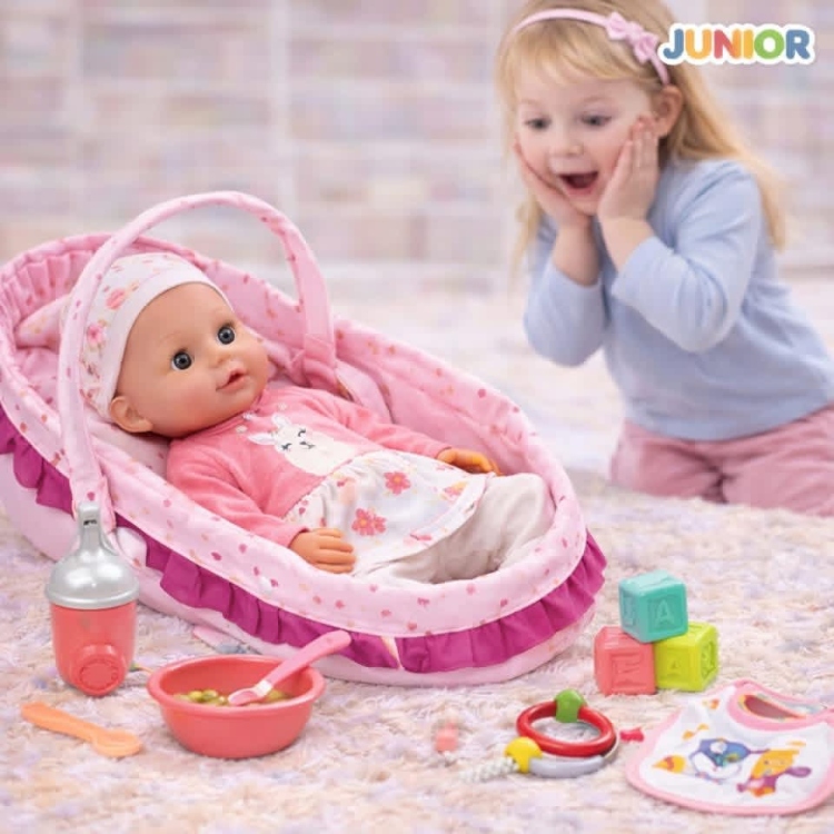 دمية البيبي مع سرير محمول وادوات الطعام