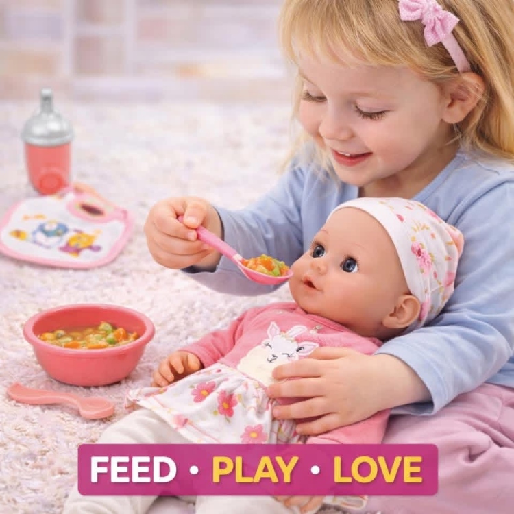 دمية البيبي مع سرير محمول وادوات الطعام