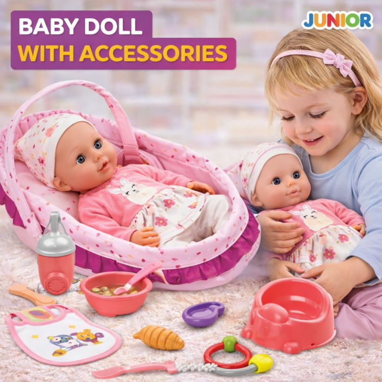 دمية البيبي مع سرير محمول وادوات الطعام
