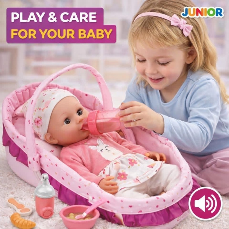 دمية البيبي مع سرير محمول وادوات الطعام