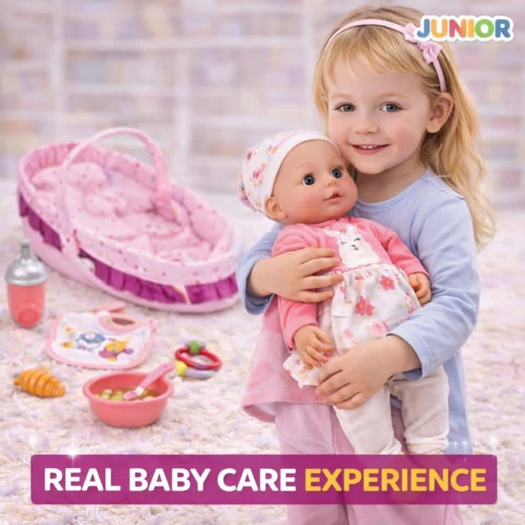 دمية البيبي مع سرير محمول وادوات الطعام