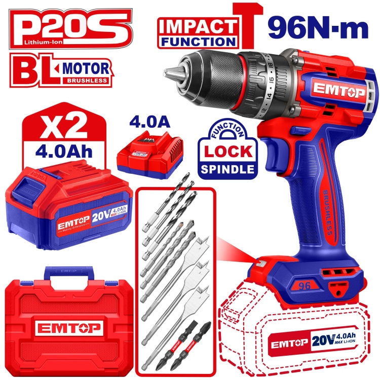 درل شحن 13 ملم شاكوش 20 V 96N مع 2 بطاريه 4AH وشاحن ECIDL20968   Brushless Motor