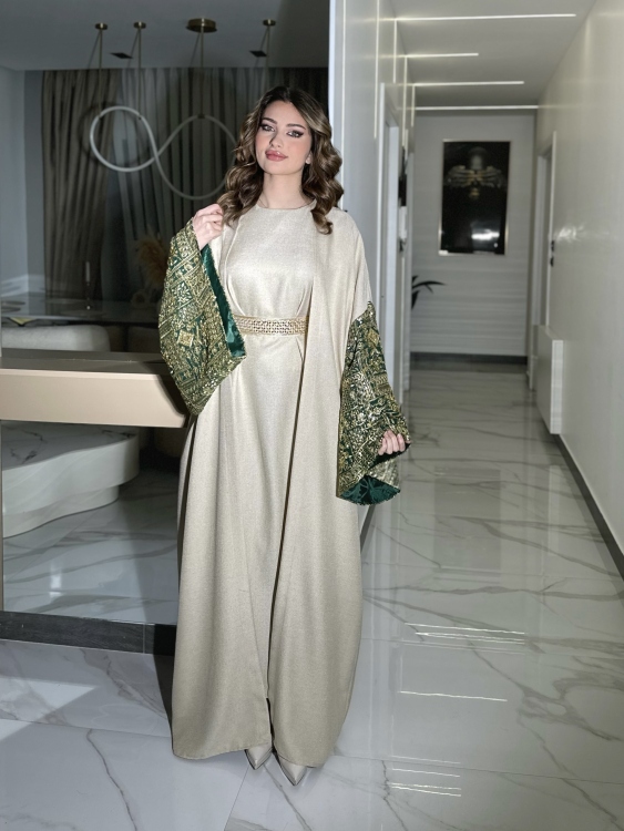 Long Sleeve Dress With Abaya جلابية ماسة (أخضر)