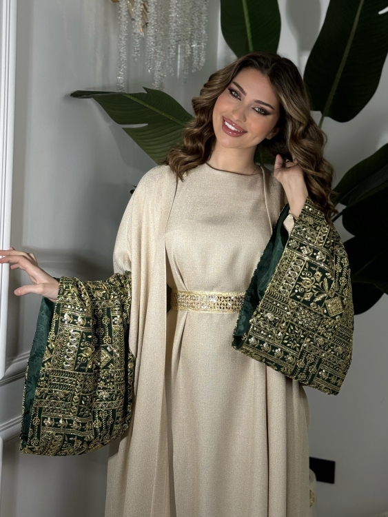 Long Sleeve Dress With Abaya جلابية ماسة (أخضر)