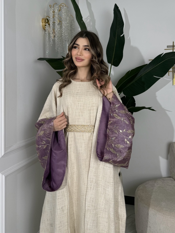 Long Sleeve Dress With Abaya جلابية ماسة  لون موف فاتح