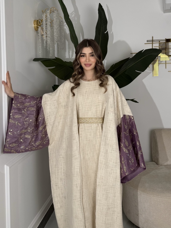 Long Sleeve Dress With Abaya جلابية ماسة  لون موف فاتح