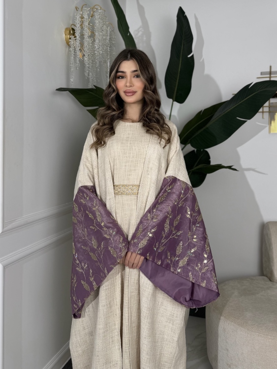 Long Sleeve Dress With Abaya جلابية ماسة  لون موف فاتح
