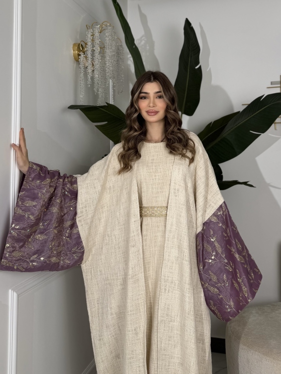 Long Sleeve Dress With Abaya جلابية ماسة  لون موف فاتح