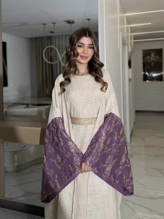Long Sleeve Dress With Abaya جلابية ماسة  لون موف فاتح
