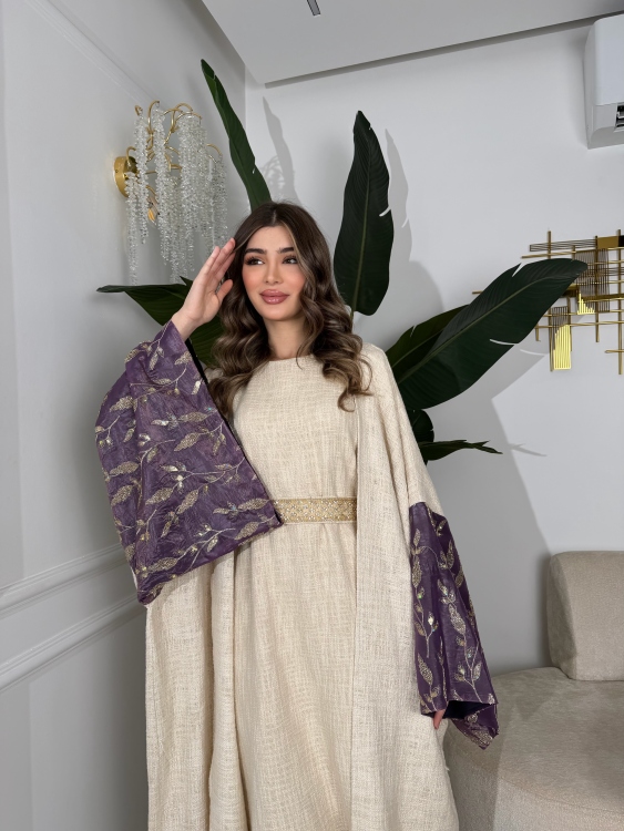 Long Sleeve Dress With Abayaجلابية ماسة  لون موف 