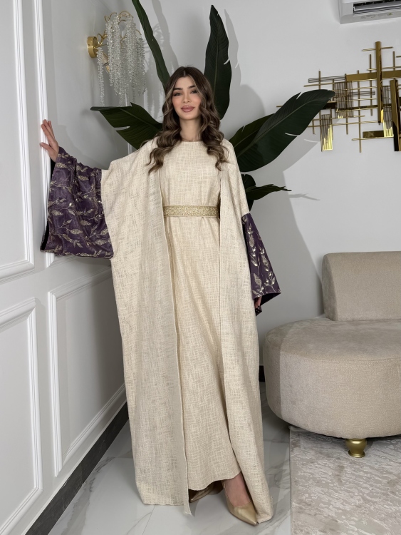 Long Sleeve Dress With Abayaجلابية ماسة  لون موف 