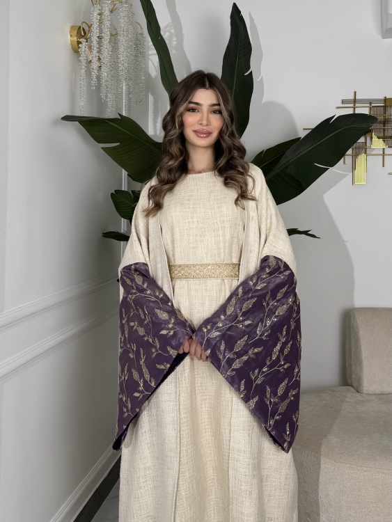 Long Sleeve Dress With Abayaجلابية ماسة  لون موف 