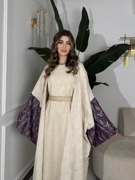 Long Sleeve Dress With Abayaجلابية ماسة  لون موف 