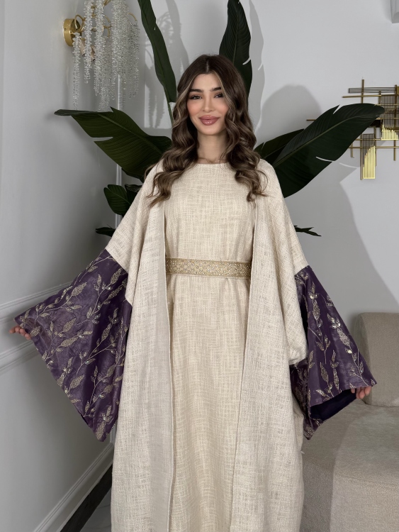 Long Sleeve Dress With Abayaجلابية ماسة  لون موف 