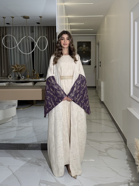 Long Sleeve Dress With Abayaجلابية ماسة  لون موف 