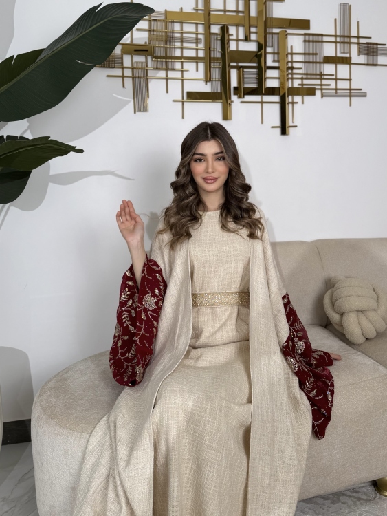 Long Sleeve Dress With Abaya جلابية ماسة  لون خمري 