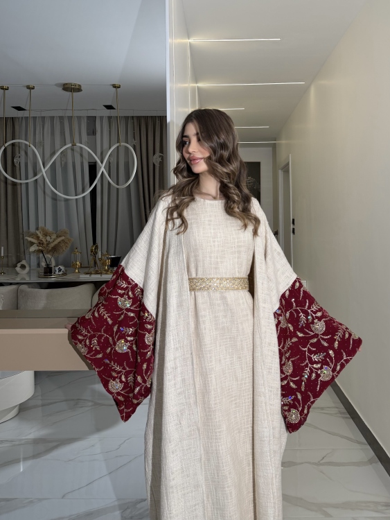 Long Sleeve Dress With Abaya جلابية ماسة  لون خمري 