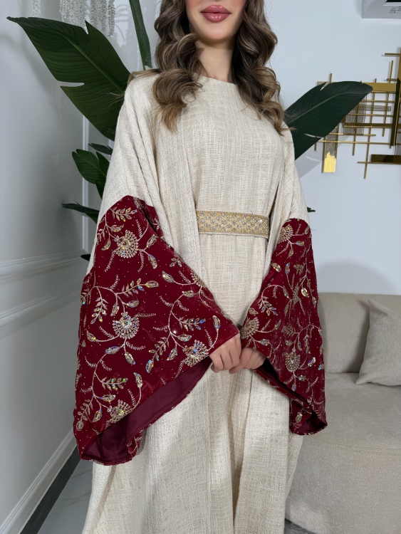 Long Sleeve Dress With Abaya جلابية ماسة  لون خمري 