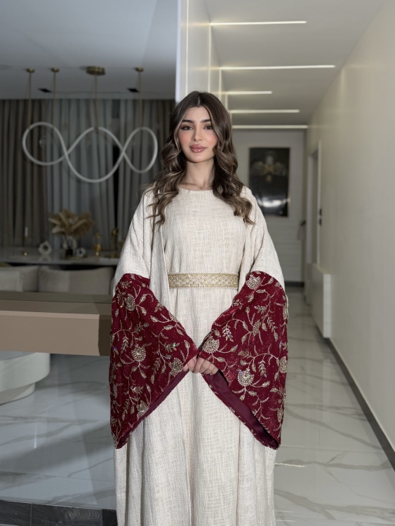 Long Sleeve Dress With Abaya جلابية ماسة  لون خمري 