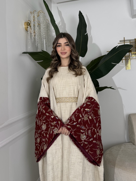 Long Sleeve Dress With Abaya جلابية ماسة  لون خمري 