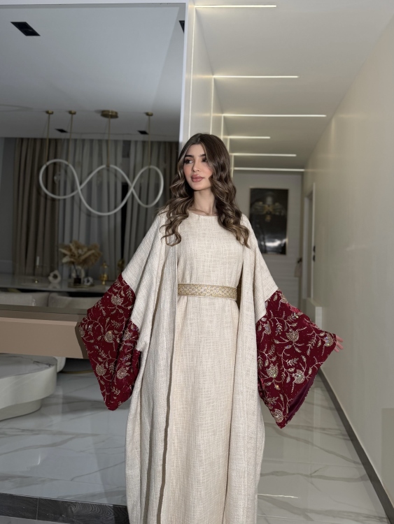 Long Sleeve Dress With Abaya جلابية ماسة  لون خمري 