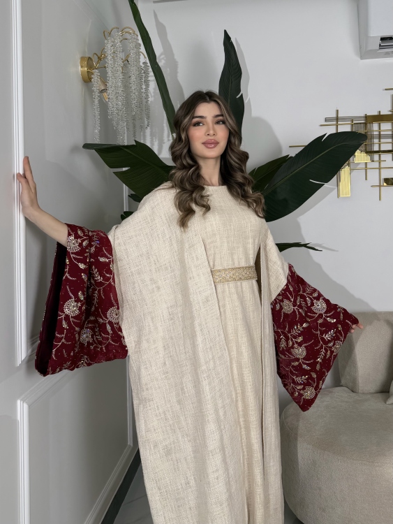 Long Sleeve Dress With Abaya جلابية ماسة  لون خمري 