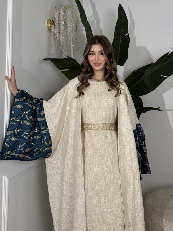 Long Sleeve Dress With Abaya جلابية ماسة  لون تركواز