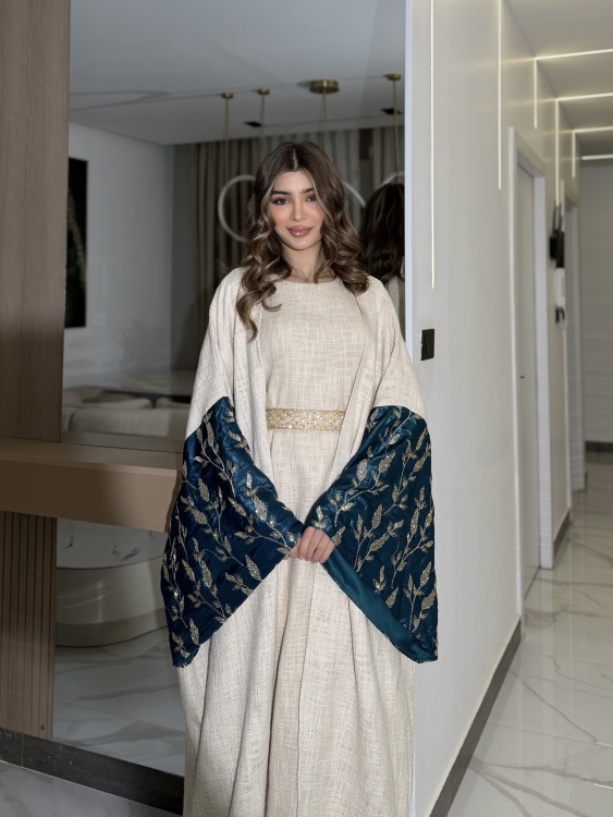 Long Sleeve Dress With Abaya جلابية ماسة  لون تركواز