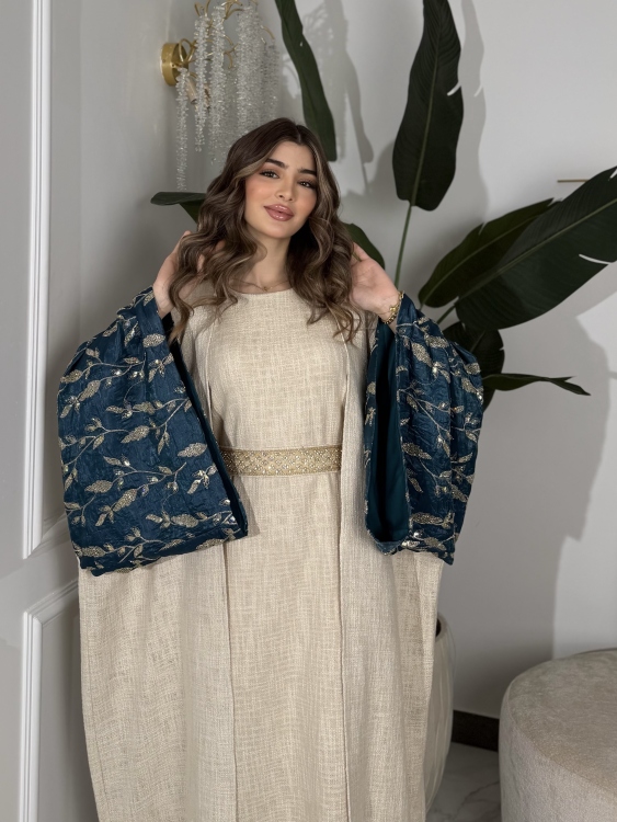 Long Sleeve Dress With Abaya جلابية ماسة  لون تركواز