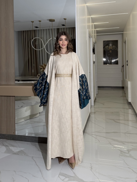 Long Sleeve Dress With Abaya جلابية ماسة  لون تركواز