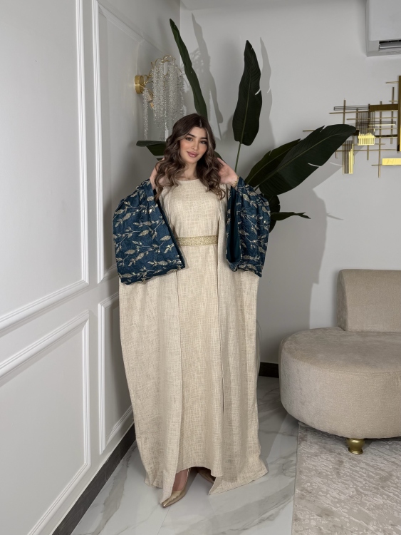 Long Sleeve Dress With Abaya جلابية ماسة  لون تركواز